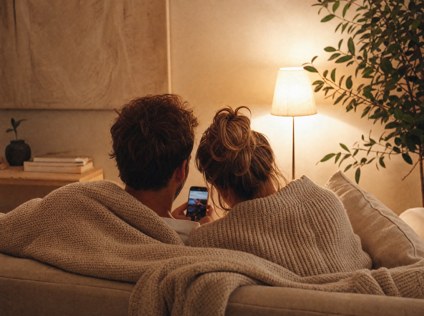 Pár a kanapén, közösen nézik a telefonjukat